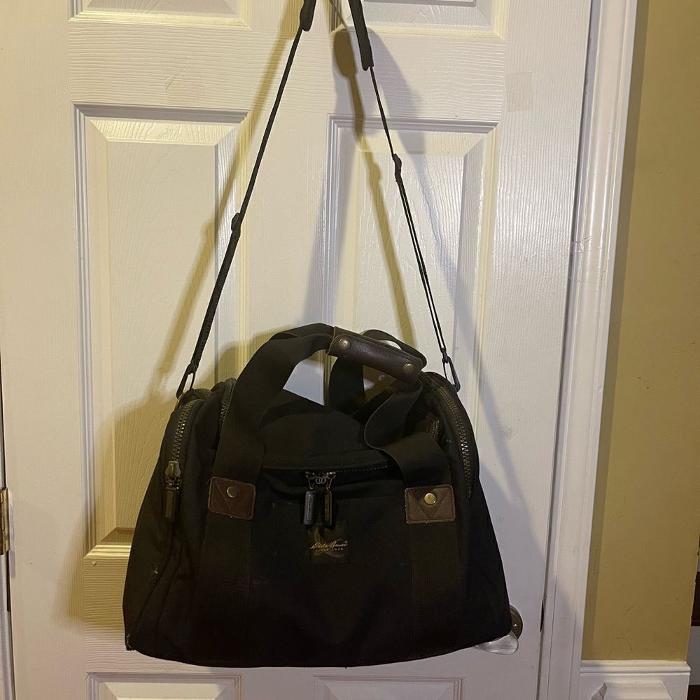 Eddie Bauer Premium Black Canvas brown Leather Duffle Weekender Bag